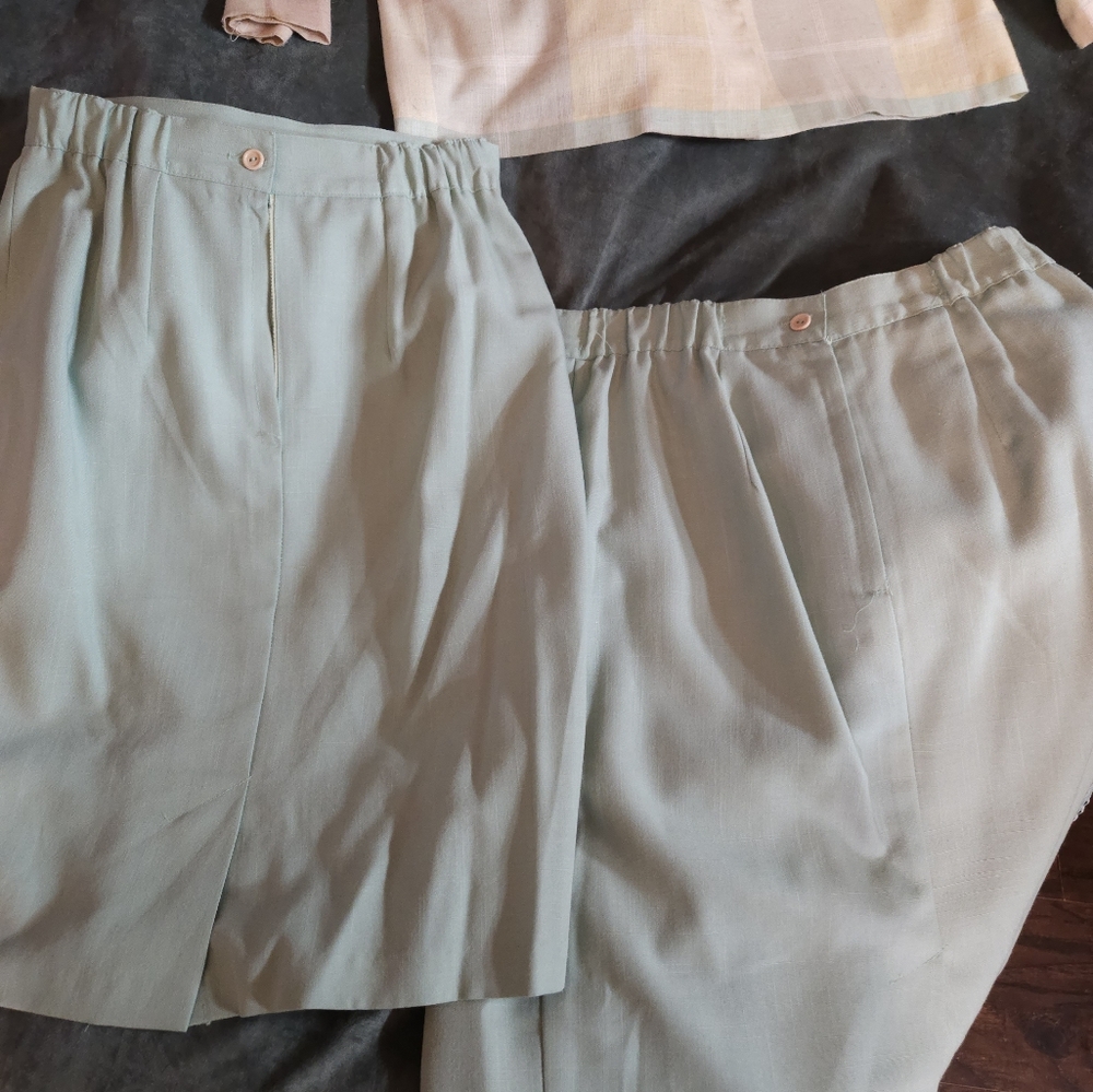 Pastel plad work suite, blazer, and two skirts